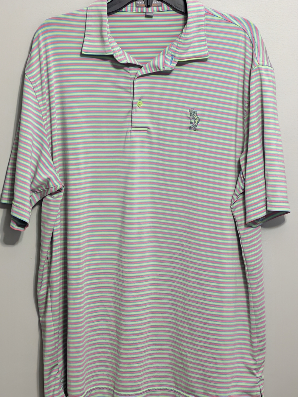Peter Millar Men’s Striped Polo in Green And Pink Size L